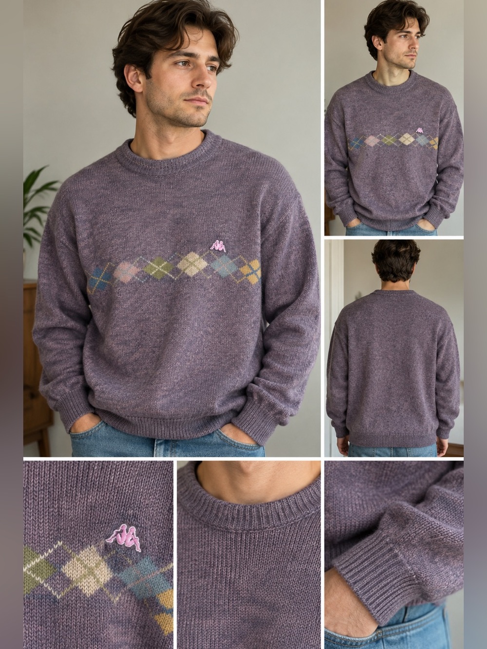 Vintage Robe di Kappa Wool Blend Men’s Purple Argyle Sweater Size 100